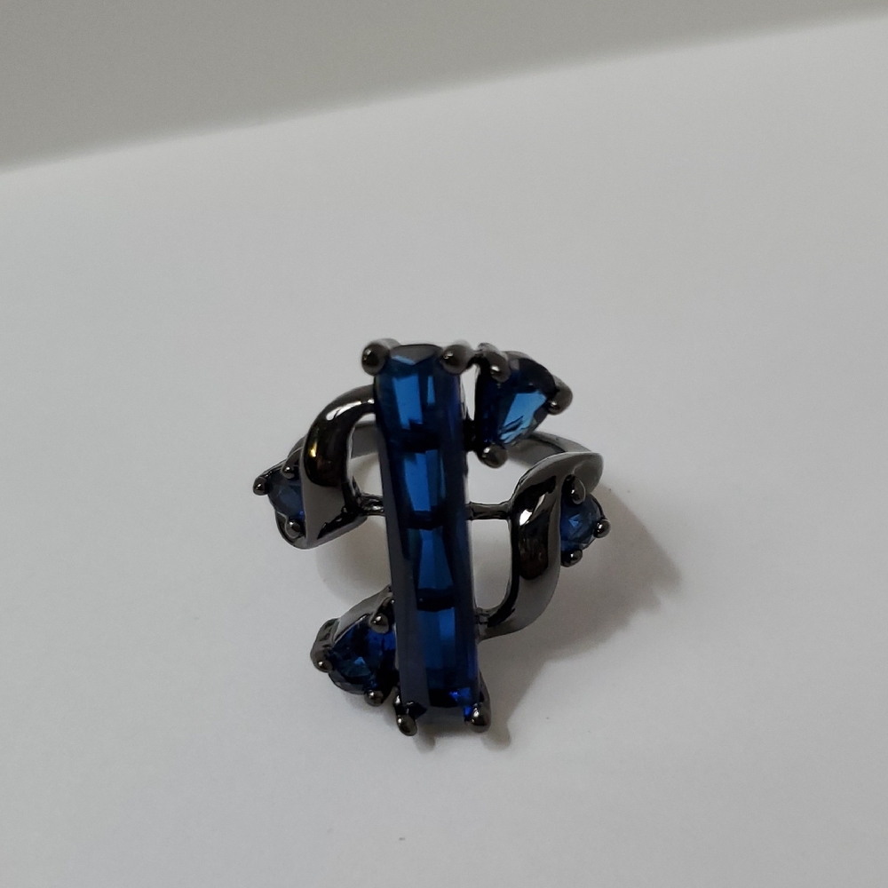 Blue Gemstone Ring on Black Band (Costume Jewelry)